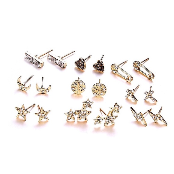 Crystal star safety pin earring set⚡️(9 pairs) - Picture 2 of 9